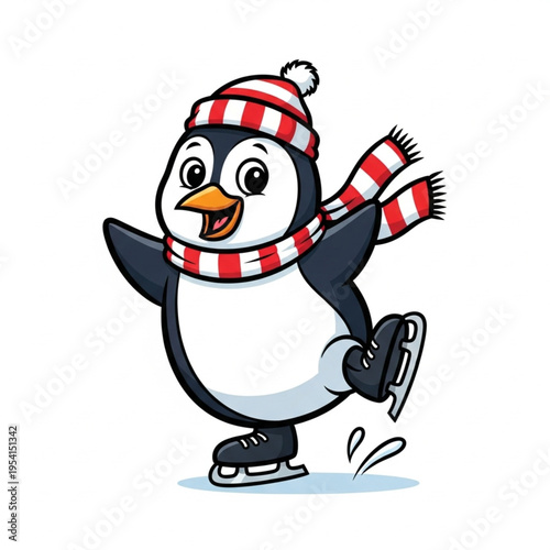 Cartoon Penguin Ice Skating Winter Scene.