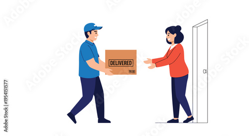 A male courier in a blue uniform delivers a brown package to a female customer standing at an open doorway.