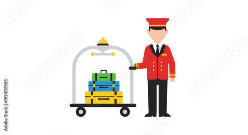 A male bellhop in a red uniform pushes a luggage cart loaded with three colorful suitcases on a white background.