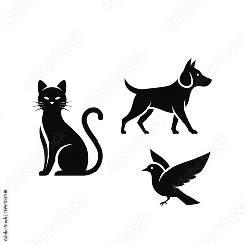 Black Silhouettes of Cat Dog and Bird.