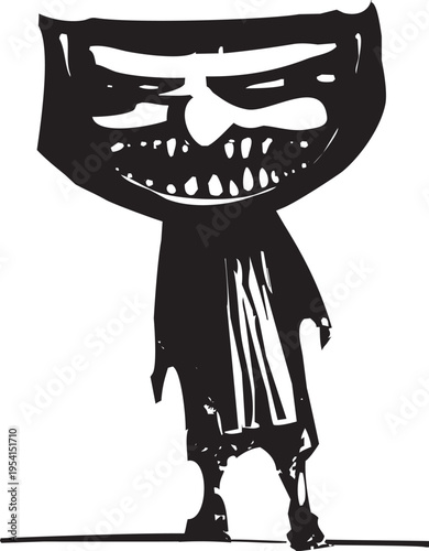 Woodcut expressionist style image of a Man with evil head