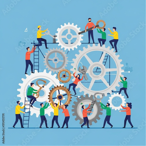 People Working Together on Large Gears Mechanism.