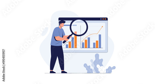 A man with a magnifying glass inspects a web browser window showing a bar chart and line graph with abstract plant shapes.