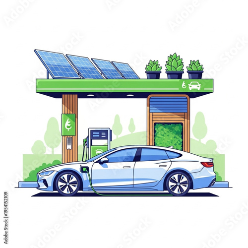 Electric Car Charging at Solar Powered Station.