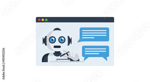 A web browser window displays a robot chatbot with headphones and a pen interacting with two speech bubbles.