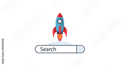 A red and blue rocket launches upwards from behind a search bar labeled Search on a white background.