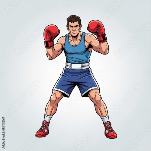 Cartoon Boxer Wearing Red Gloves Ready.