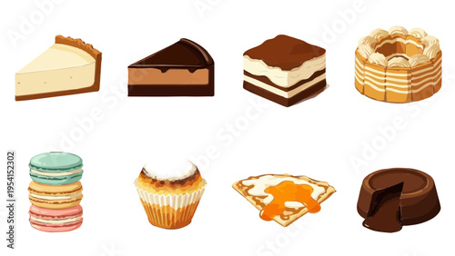 Flat vector icon set of sweet desserts cakes pies and bakery products with ice cream and chocolate