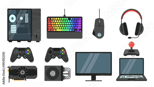 Flat vector icon set of gaming computer setup with keyboard mouse monitor and peripherals items