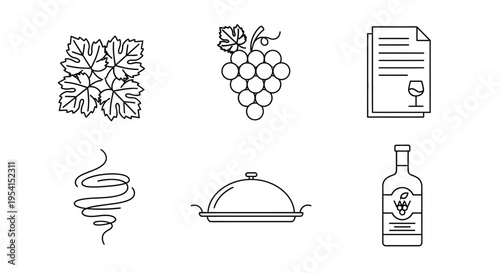 A graphic illustration of food and drink symbols including flowers, grapes, a menu, a tornado, a serving dish, and a bottle.