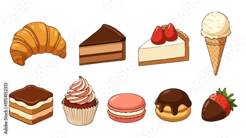 Flat vector icon set of sweet desserts pastries cakes ice cream and bakery products items