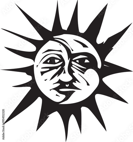 Woodcut expressionist style image of an Eclipse of the sun