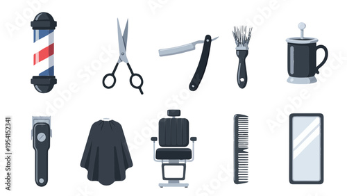 Flat vector icon set of barber shop grooming tools with scissors razor comb and salon chair
