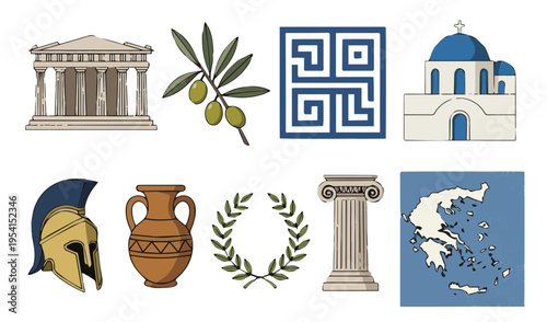 Flat vector icon set of ancient Greece culture with parthenon helmet olive vase and greek symbols