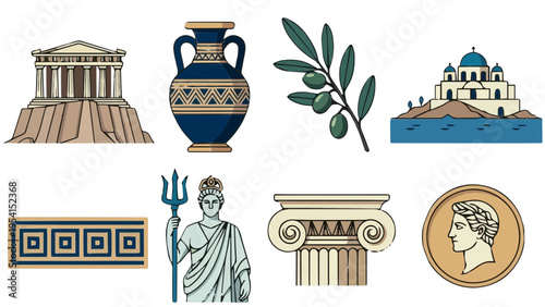 Flat vector icon set of ancient Greece culture with parthenon helmet vase olive and greek symbols