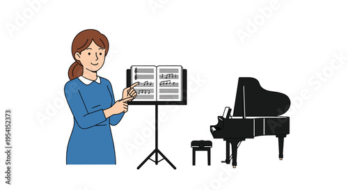 A smiling woman points to sheet music on a stand next to a black grand piano.