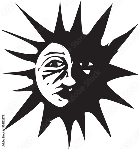 Woodcut expressionist style image of an Eclipse of the sun