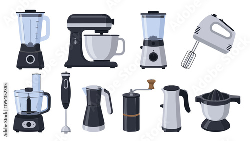 Flat vector icon set of kitchen home appliances with blender mixer coffee maker and toaster