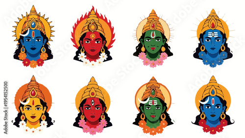 Flat vector icon set of colorful Hindu gods deities including Ganesha Krishna Shiva and Durga items