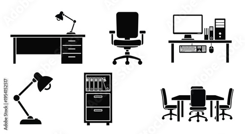 An office scene with a desk, chair, computer, lamp, file cabinet, and conference table showcasing various business equipment and furniture.