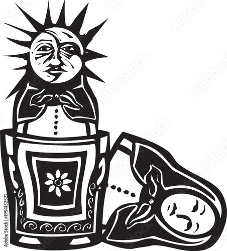 Woodcut expressionist style image of a Sun Nested doll