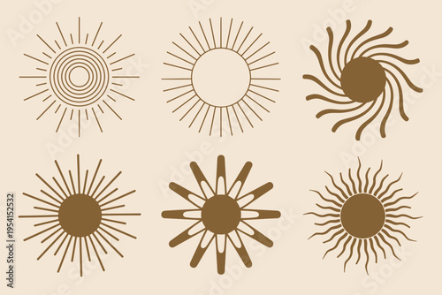 Six stylized sunburst in brown symbol beige