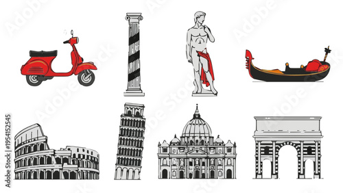 Flat vector icon set of Italian Rome landmarks with colosseum leaning tower arch and gondola
