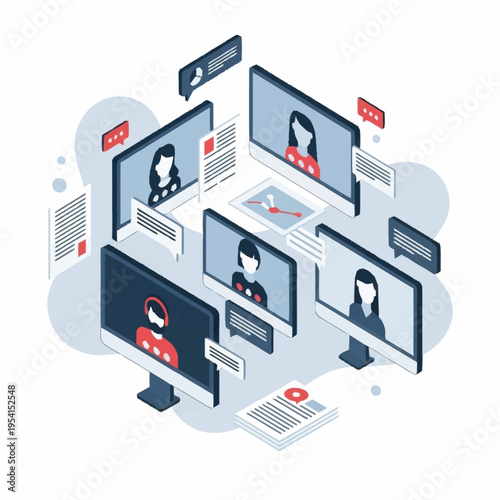 Isometric illustration of a virtual meeting with multiple participants on computer screens, surrounded by chat bubbles and documents.