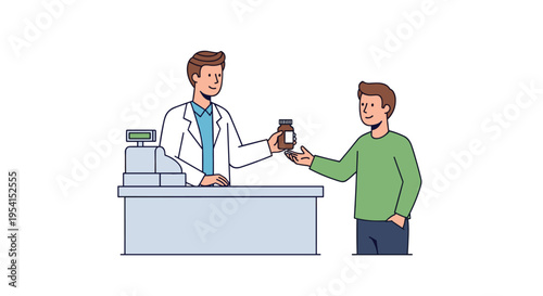 A pharmacist hands a medicine bottle to a male customer standing at a counter.
