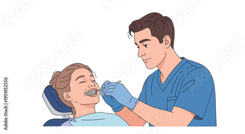 A male dentist examines a female patient with braces in a dental chair.