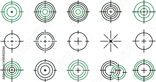 Collection of Green Target and Crosshair Icons on White Background
