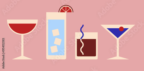 Collection of cocktail glasses with various drinks