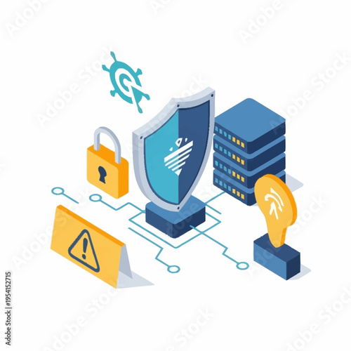 Isometric illustration of cybersecurity elements: shield, server, padlock, and warning sign.