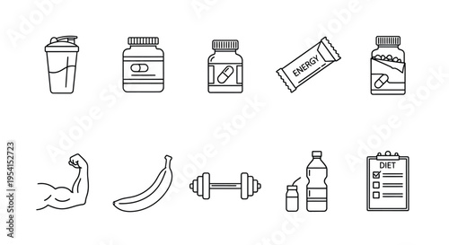 Fitness icons depict workout supplements and healthy snacks on a white background