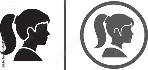 Vector side profiles of two young girls with ponytails; one a solid black silhouette and the other a grey version enclosed in a circular border, separated by a vertical line.