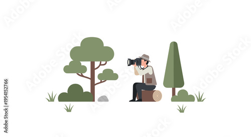 A photographer sits on a log taking pictures with a large camera surrounded by two green trees.