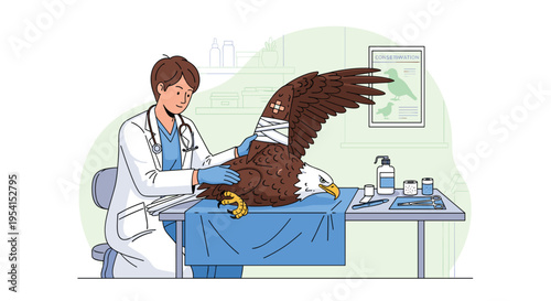 A veterinarian in blue gloves treats a bandaged bald eagle on an examination table in a clean animal clinic setting.
