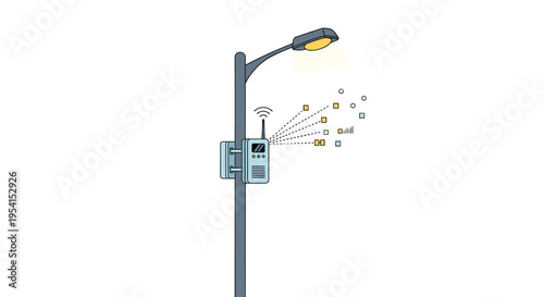 An illustrated smart sensor device attached to a street light transmits data signals into the air.