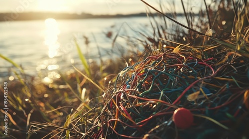 Plastic Waste Tangled in Reeds Near River Delta During Midday Sunlight