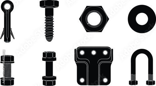 Silhouette icons set of industrial hardware and fasteners in black