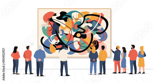 A diverse group of people stands, observing a large, colorful abstract painting in an art gallery.