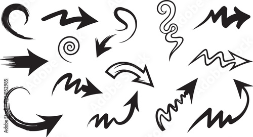 Set of black sketchy arrows and abstract lines on transparent background