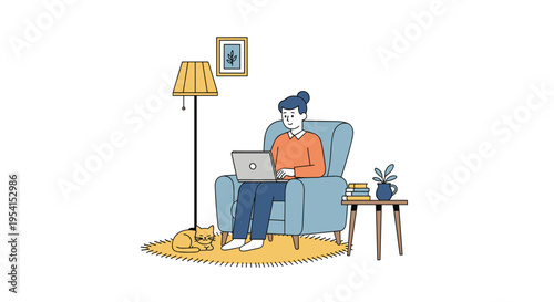 An illustrated person works on a laptop in an armchair next to a sleeping cat and a floor lamp.