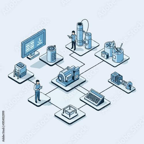 Isometric illustration of a connected industrial network with various machines and devices.