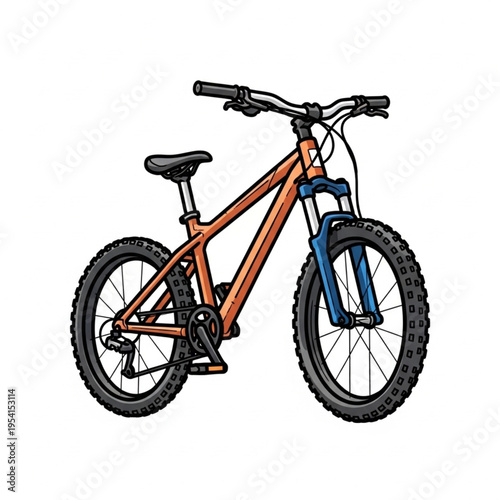 Orange Mountain Bike with Blue Fork.