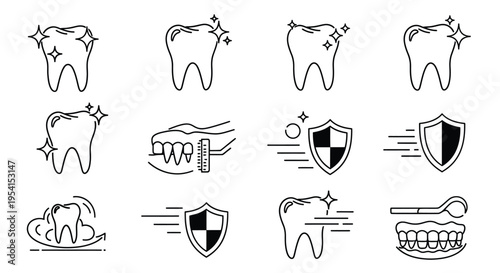Dental health icons show teeth with shields and protection symbols nearby.