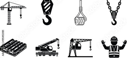 Silhouette icons set of industrial construction equipment and workers crane hook chain and more