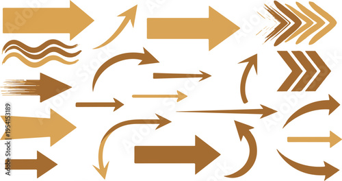 Set of brown arrows and directional symbols isolated on transparent background