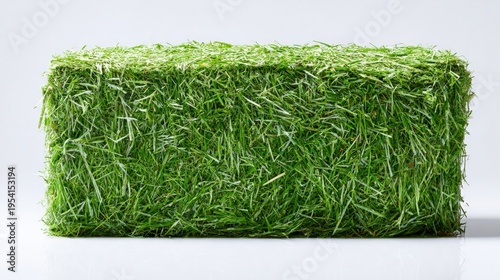 Rectangular block of freshly cut green grass on white background