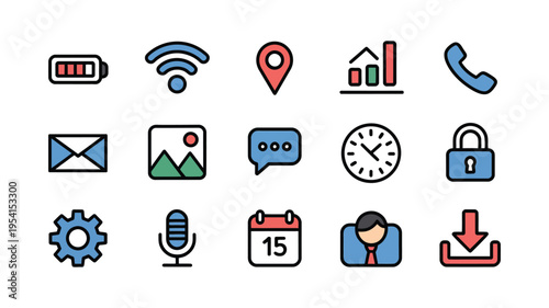Mobile Phone Icons Set, Clean Smartphone And Cellular Device Symbols In Modern Minimal Style, UI Icons For Mobile Application, Web Interface, Communication Systems